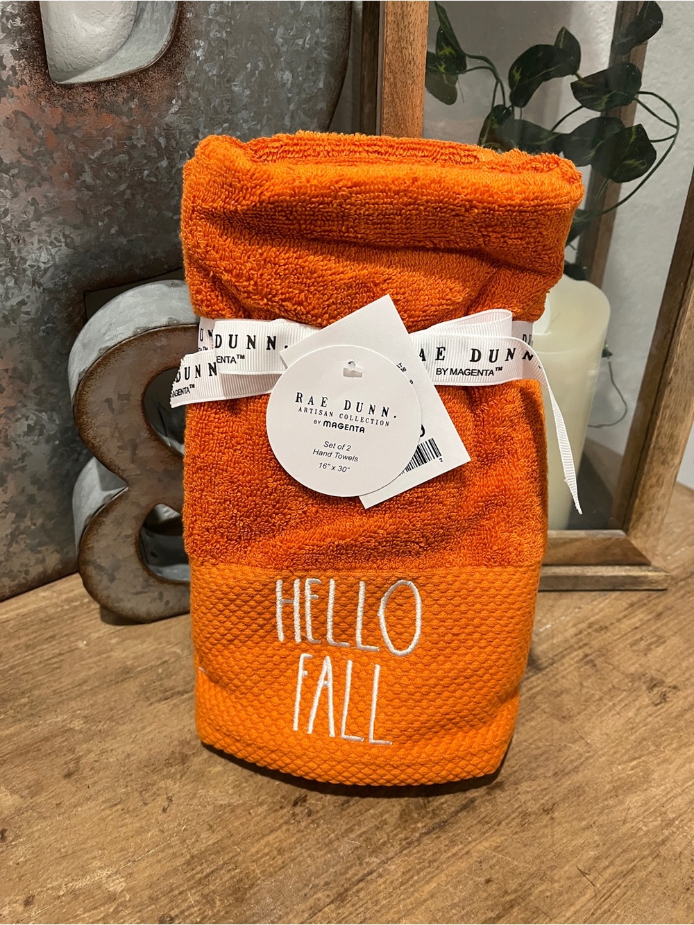 Rae Dunn Orange "Hello Fall" Embroidered Cotton Hand Towels - Set of 2